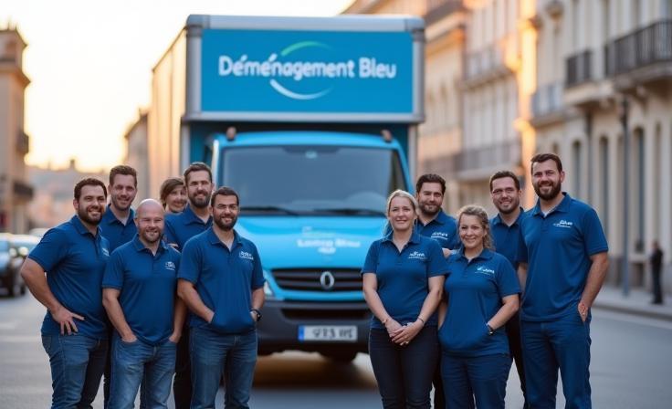 L’équipe Déménagement Bleu réunie autour d’un camion floqué à Lyon