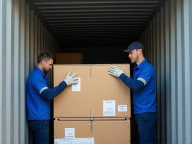 Équipe Déménagement Bleu préparant un conteneur maritime d’expédition internationale